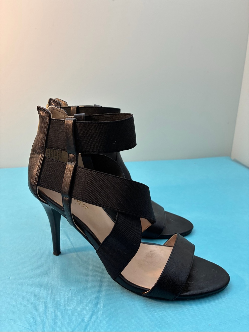 Nine West Black Stretchy Straps 4" Stiletto Ankle Zip Heels Woman’s Size 8M
